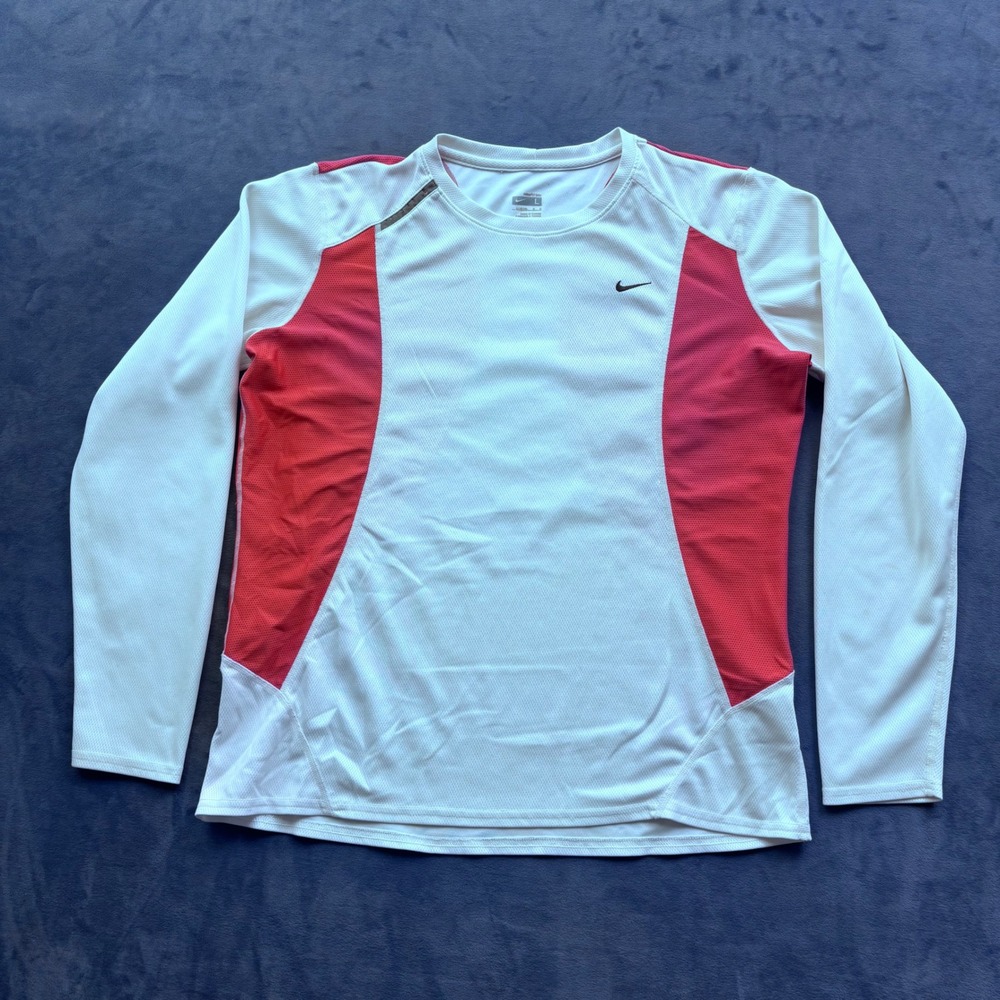 Nike FIT DRY Long Sleeve Training Shirt White Red Mens Large L Running Top
